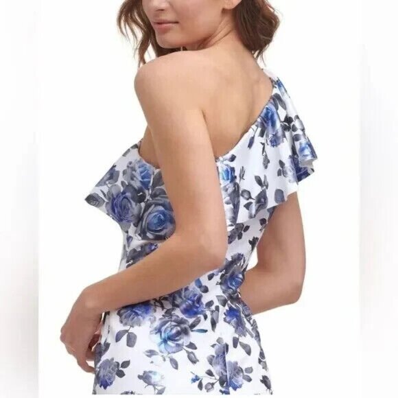 New ELIZA J Metallic One Shoulder Floral Print Ruffle Pencil Dress White Blue 2 - Picture 2 of 11